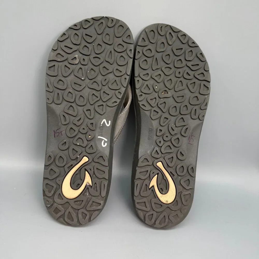 OluKai Ohana Koa Men's 12 Gray Leather Slip-On Flip Flop Sandals Comfort Shoes